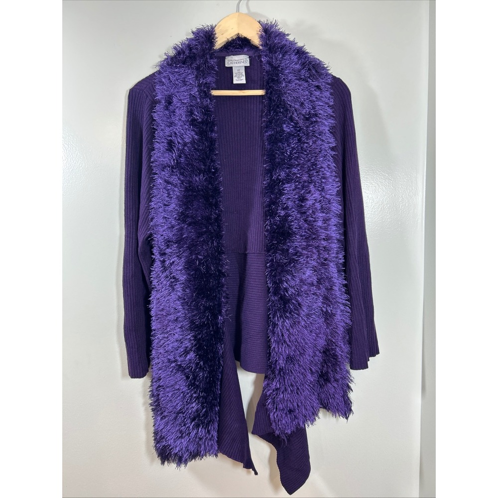 Catherines Purple Faux Fur Trim Ribbed Knit Cardigan Sweater Womens 0X Plus Size